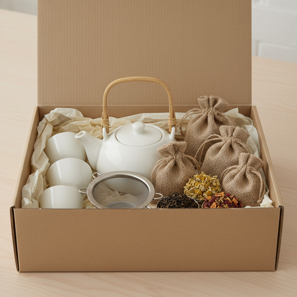 Set de regalo corporativo con tetera, infusor, tazas y bolsas de té