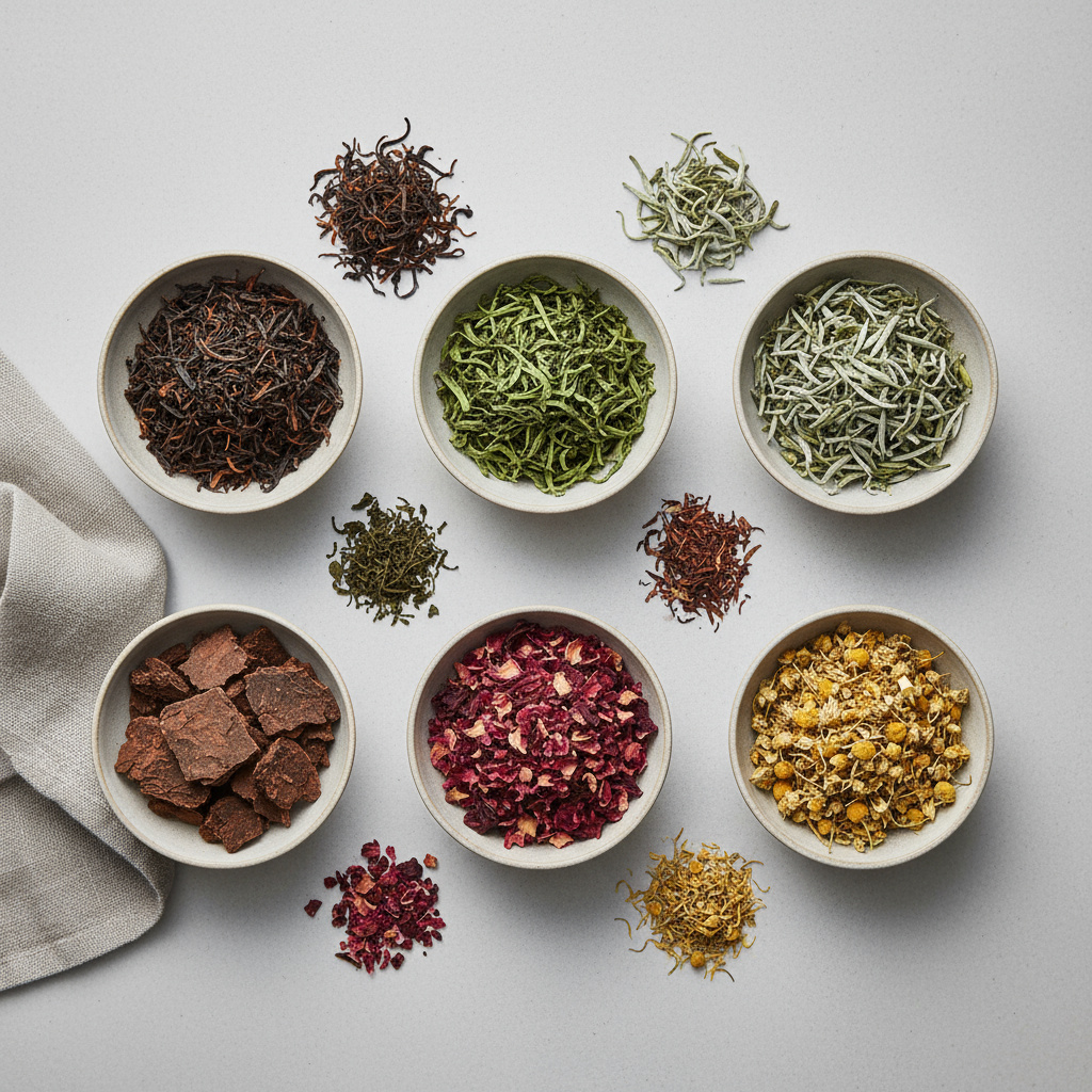 Variedades de té en cuencos mostrando colores y texturas diferentes