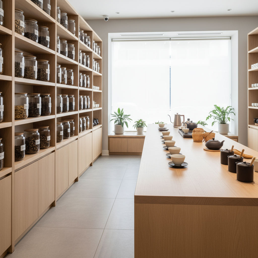 Interior de Casa Cian Tea Boutique con barra de té y estanterías de tés a granel