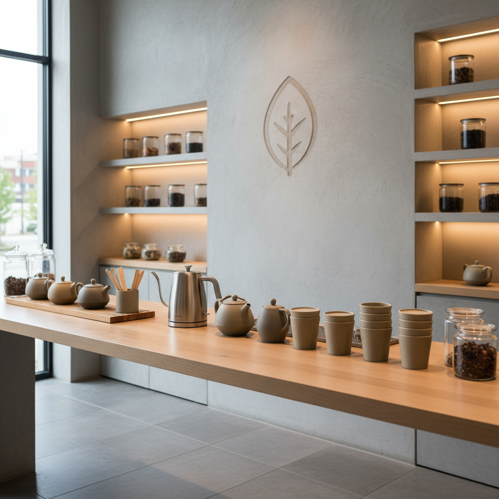 Barra de té con teteras, tazas y hervidor listos para té para llevar