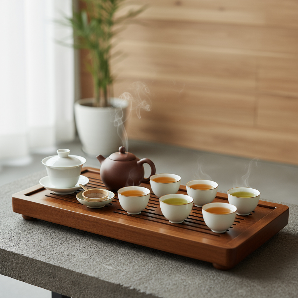 Montaje de cata de té guiada con tazas y gaiwan sobre bandeja de madera